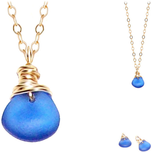 Artisan GOLD wire-wrapped Sea Glass pendant BLUE | 18" chain necklace #1