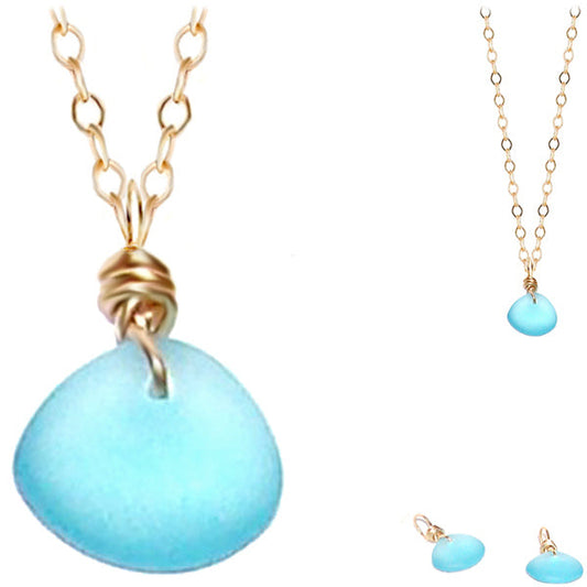 Artisan GOLD wire-wrapped Sea Glass pendant BLUE | 18" chain necklace #4