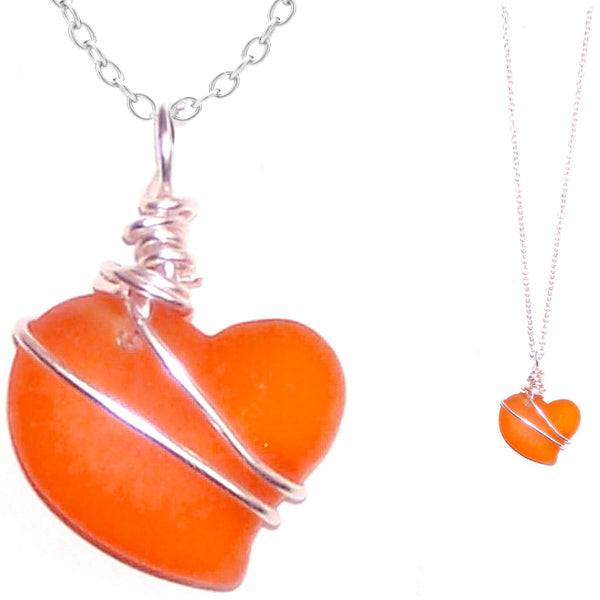 Artisan cultured SEA GLASS HEART necklace Sterling Silver 18mm wire-wrapped pendant & .925 chain | U PICK