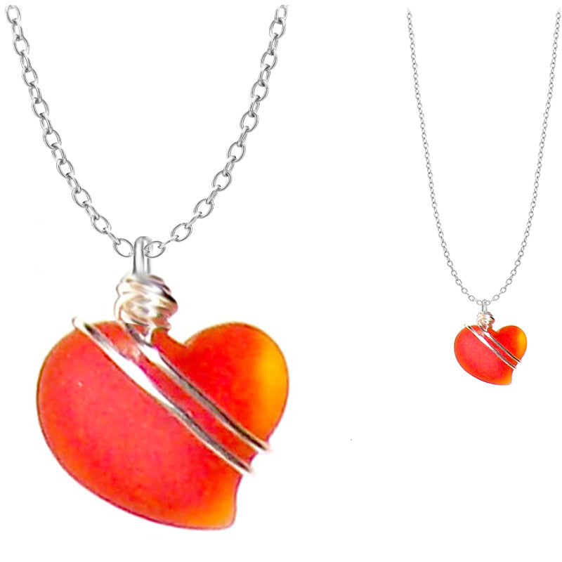Artisan cultured SEA GLASS HEART necklace Sterling Silver 18mm wire-wrapped pendant & .925 chain | U PICK