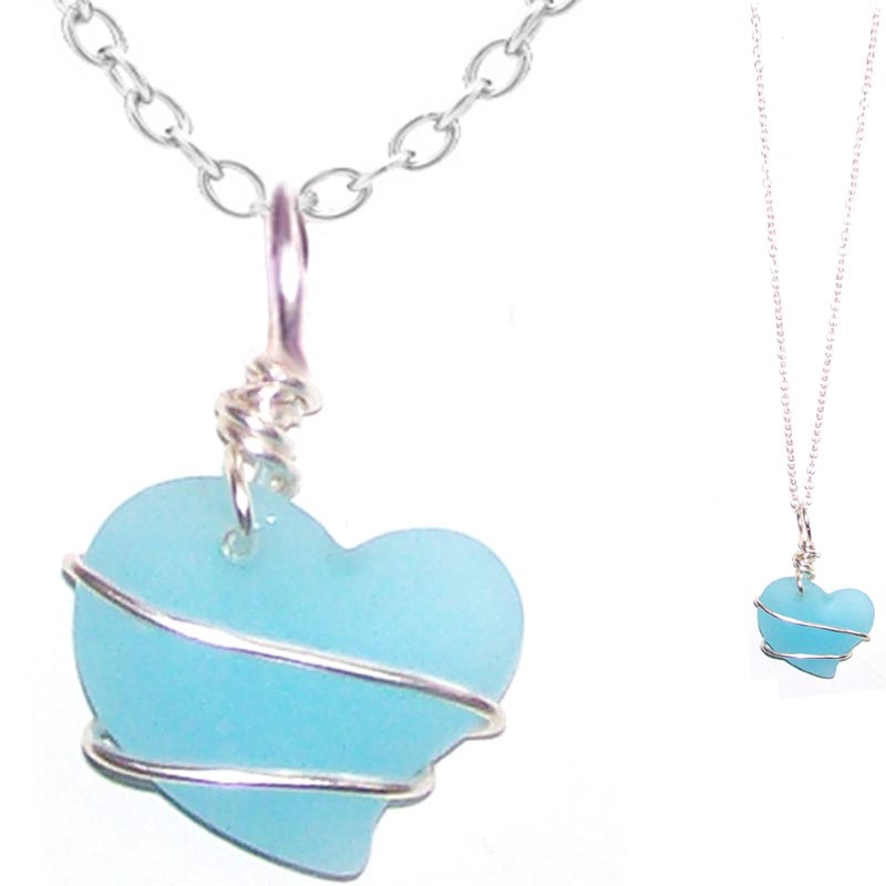 Artisan cultured SEA GLASS HEART necklace Sterling Silver 18mm wire-wrapped pendant & .925 chain | U PICK