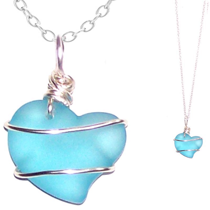 Artisan art cultured SEA GLASS HEART necklace silver non-tarnish 18mm wire-wrapped pendant & silver-plated chain | U PICK