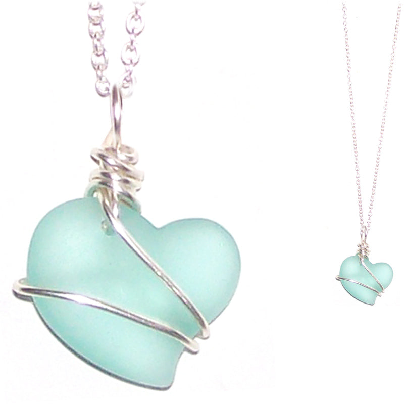 Artisan art cultured SEA GLASS HEART necklace silver non-tarnish 18mm wire-wrapped pendant & silver-plated chain | U PICK