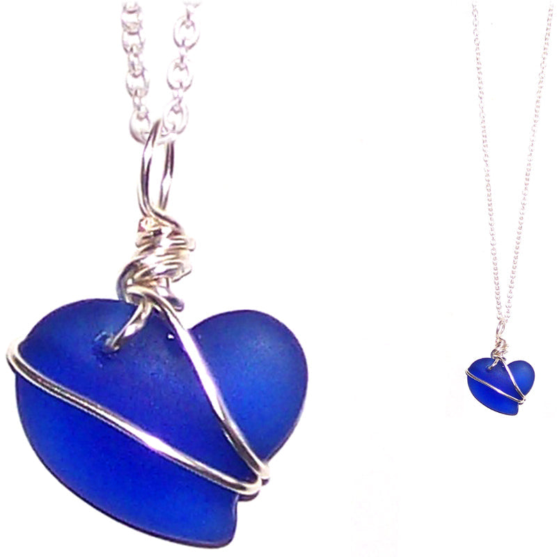 Artisan cultured SEA GLASS HEART necklace Sterling Silver 18mm wire-wrapped pendant & .925 chain | U PICK