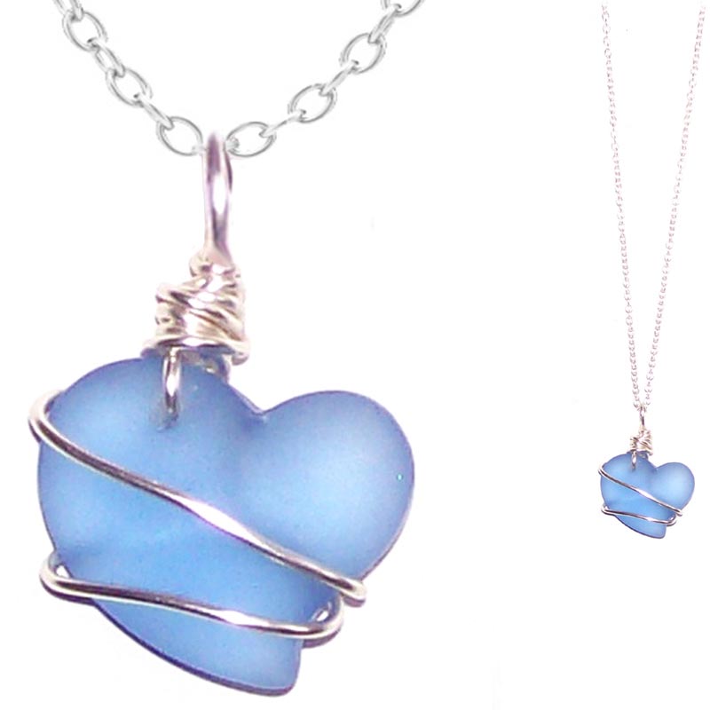 Artisan cultured SEA GLASS HEART necklace Sterling Silver 18mm wire-wrapped pendant & .925 chain | U PICK