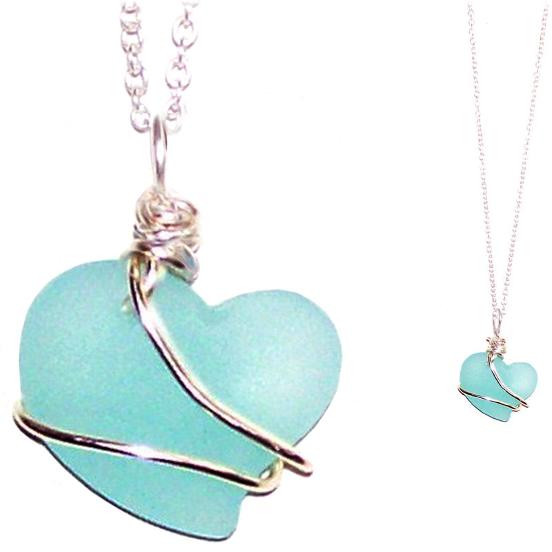 Artisan art cultured SEA GLASS HEART necklace silver non-tarnish 18mm wire-wrapped pendant & silver-plated chain | U PICK
