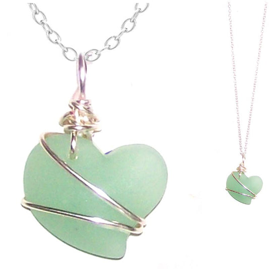 Artisan cultured SEA GLASS HEART necklace Sterling Silver 18mm wire-wrapped pendant & .925 chain | U PICK