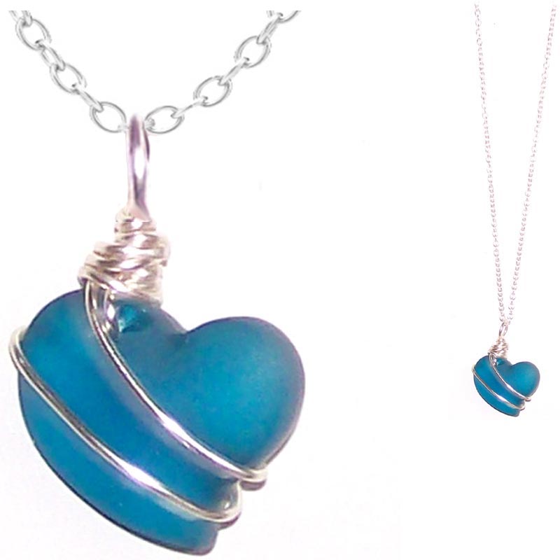 Artisan art cultured SEA GLASS HEART necklace silver non-tarnish 18mm wire-wrapped pendant & silver-plated chain | U PICK