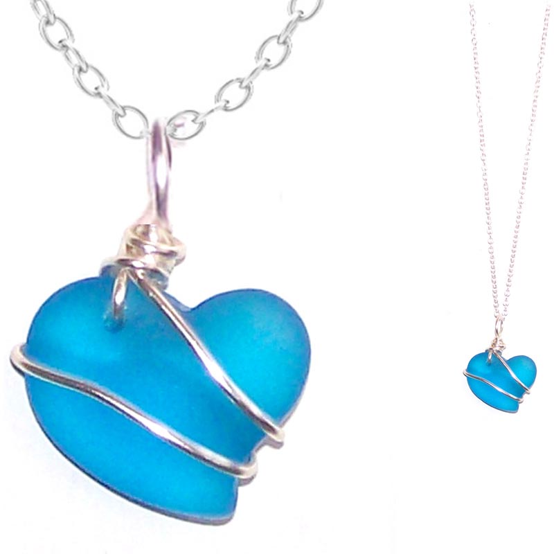 Artisan cultured SEA GLASS HEART necklace Sterling Silver 18mm wire-wrapped pendant & .925 chain | U PICK