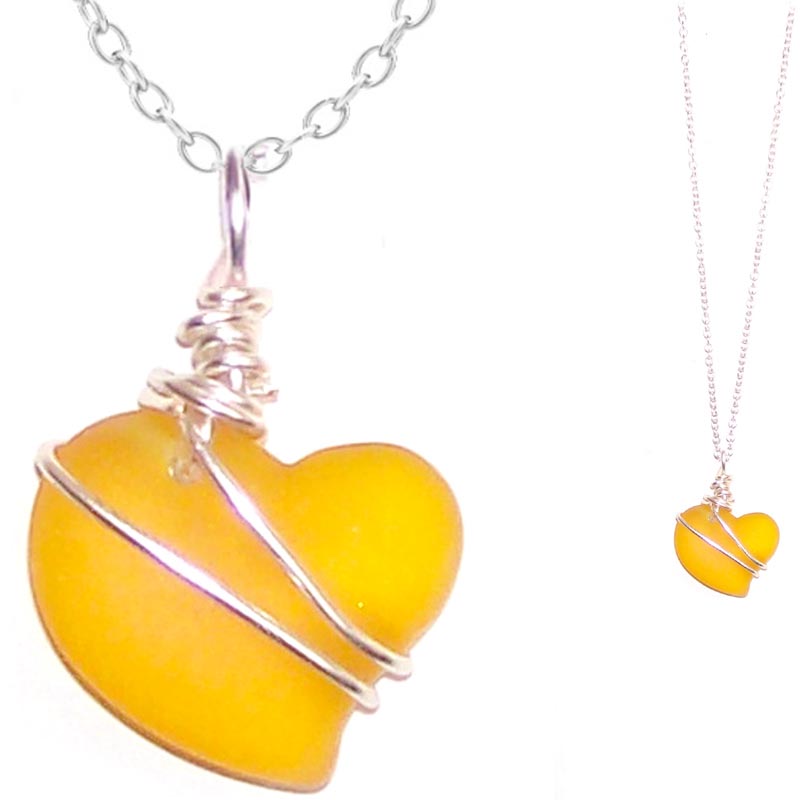 Artisan cultured SEA GLASS HEART necklace Sterling Silver 18mm wire-wrapped pendant & .925 chain | U PICK