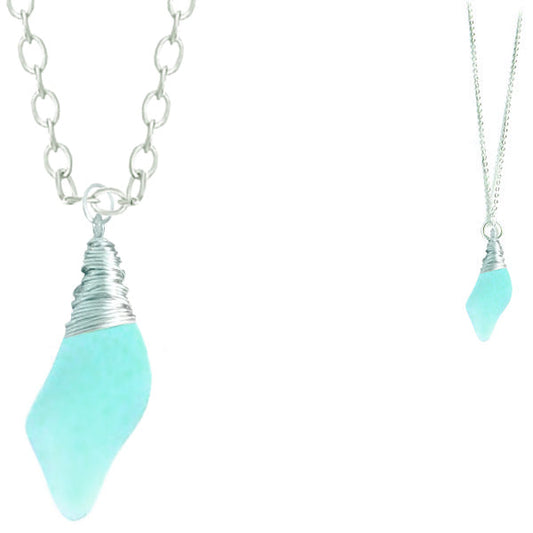 Artisan silver necklace cultured SEA GLASS non-tarnish hand wire-wrapped pendant chain | SAPPHIRE blue