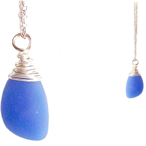 Artisan silver necklace cultured SEA GLASS sterling hand wire-wrapped pendant chain - Seafoam Blue
