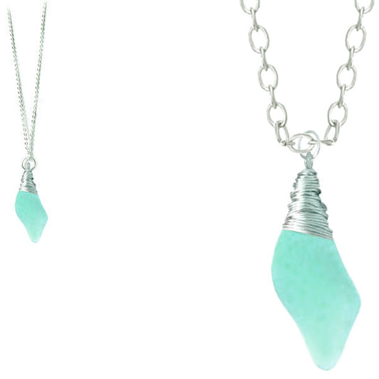 Artisan silver necklace cultured SEA GLASS non-tarnish hand wire-wrapped pendant chain | BLUE GREEN