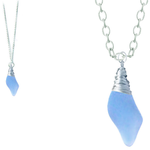 Artisan silver necklace cultured SEA GLASS non-tarnish hand wire-wrapped pendant chain | BLUE light