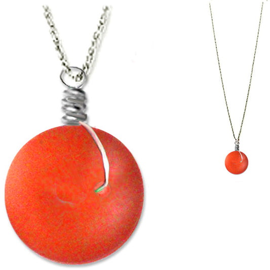 Artisan SILVER wire-wrapped Sea Glass focal bead pendant | ORANGE ~14x10mm seaglass bead dangle | 18" chain necklace