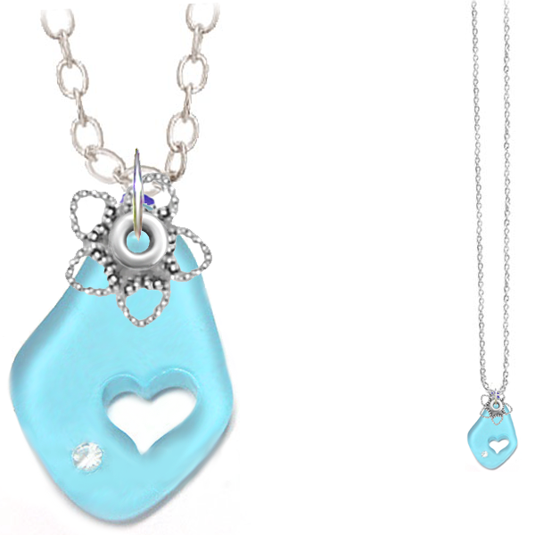 Artisan silver necklace cultured SEA GLASS 32x20mm freeform carved out heart pendant chain U PICK 1 or all 6