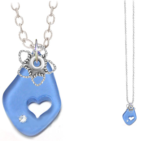 Artisan silver necklace cultured SEA GLASS 32x20mm freeform carved out heart pendant chain U PICK 1 or all 6