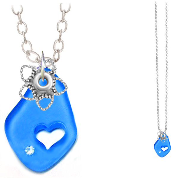 Artisan silver necklace cultured SEA GLASS 32x20mm freeform carved out heart pendant chain U PICK 1 or all 6