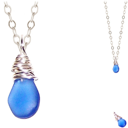 Artisan GOLD wire-wrapped Sea Glass pendant BLUE | 18" chain necklace #2