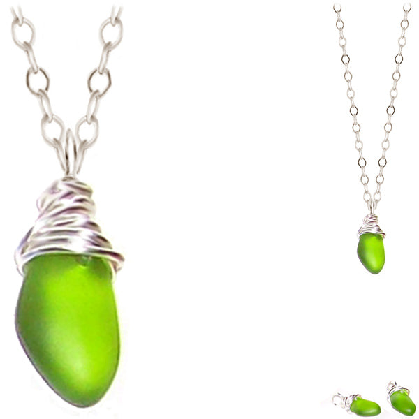 Artisan SILVER wire-wrapped Sea Glass pendant GREEN | 18" chain necklace #2
