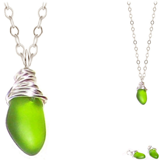 Artisan SILVER wire-wrapped Sea Glass pendant GREEN | 18" chain necklace #2