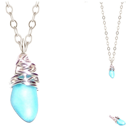 Artisan SILVER wire-wrapped Sea Glass pendant BLUE Light | 18" chain necklace #2